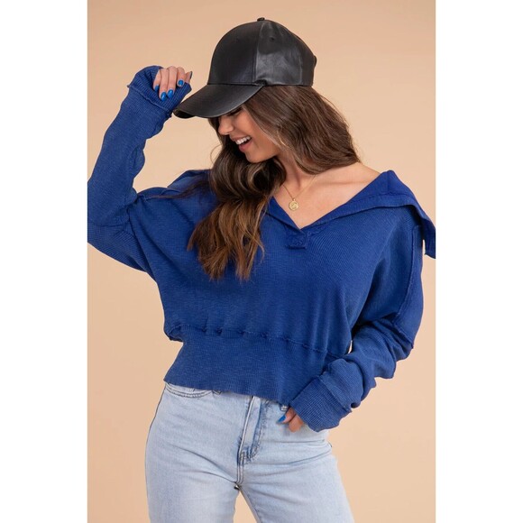 New Free People We The Free Not So Ordinary Pullover Polo Sweater Blue Sz XS - Picture 2 of 10